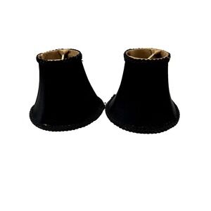 2 Black Lampshades Bulb Clip with Gold Satin Lining 5" Tall 6" Round Pair